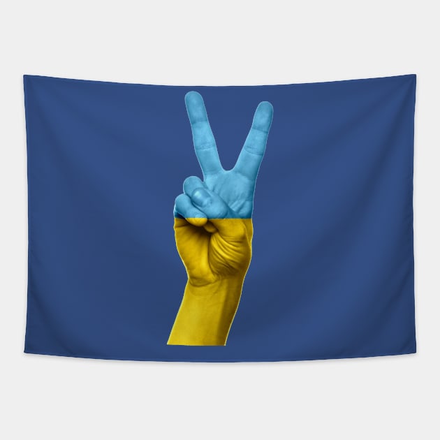 Peace Sign Hand Gesture In Colors Of Ukraine Flag Tapestry by The Christian Left