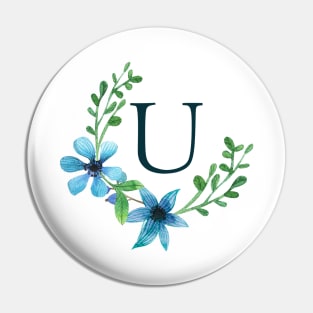 Floral Monogram U Pretty Blue Flowers Pin