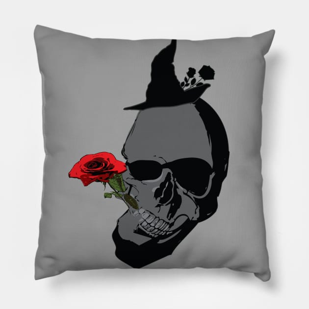 skeleton head and red rose Pillow by CindyS