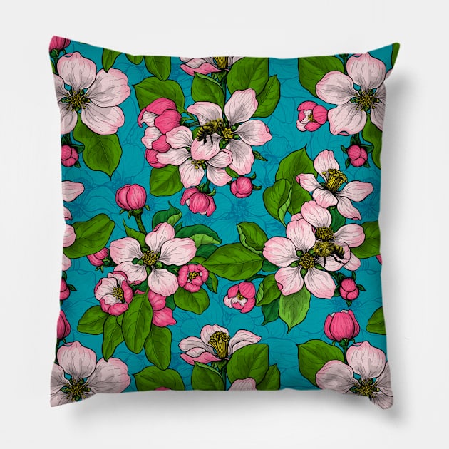 Apple blossom on turquoise Pillow by katerinamk