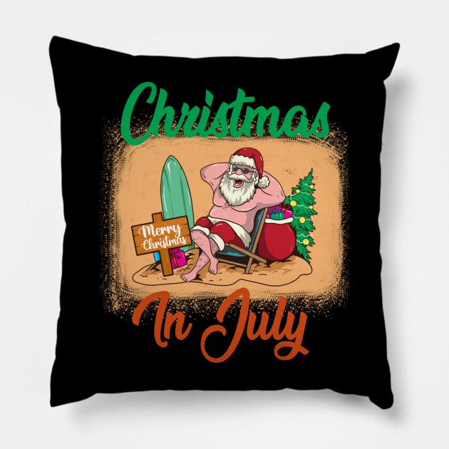 Christmas In July Funny Santa Summer Beach Vacation Pillow by Kagina