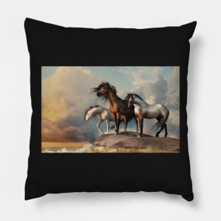 Three Horses at the Beach Pillow