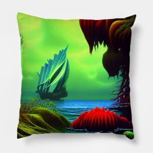 Landscape Painting with Tropical Colorful Plants and boat in the sea, Scenery Nature Pillow