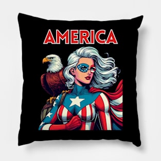 America Patriotic Female Superhero USA July 4th Pillow