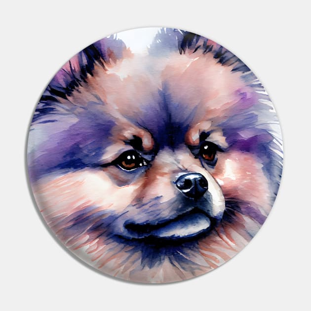 Cute Pomeranian Dog Watercolor with Purple Ink Accents Pin by designs4days