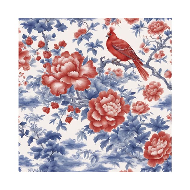 Blue and red chinoiserie toile de jouy by SophieClimaArt