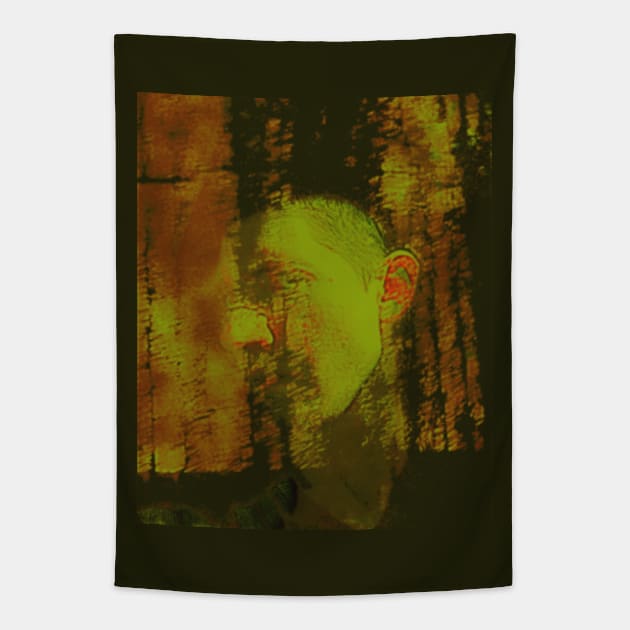 Portrait, digital collage and special processing. Masterpiece. Man looking to car window, reflection. Autumn. Dim, yellow, orange. Tapestry by 234TeeUser234