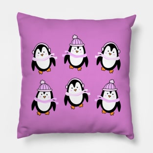 Adorable Wintery Pink Penguins Doodle Set, made by EndlessEmporium Pillow