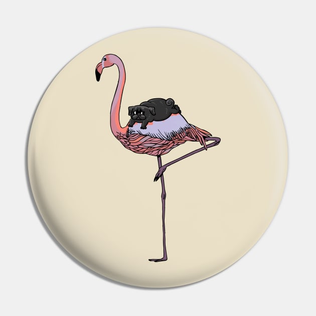 Flamingo and Black Pug Pin by huebucket