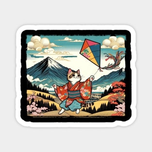 Vintage Japanese Art Kite Lover Playful Kid Cute Cat Magnet