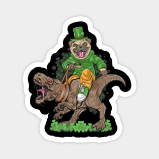 Funny Pug With Leprechaun Costume Riding a T-rex St. Patrick's Day Gift Magnet