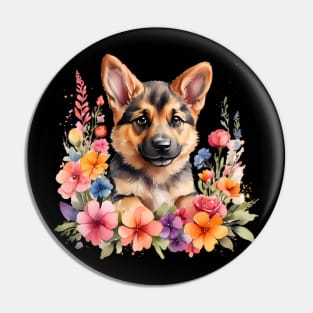 A german shepherd decorated with beautiful watercolor flowers Pin