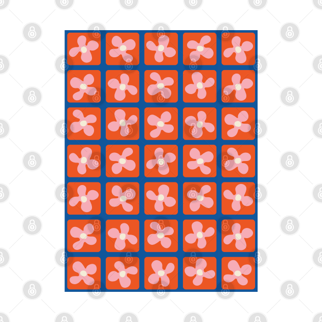 Retro Flowers Pattern - Red Blue by Colorable