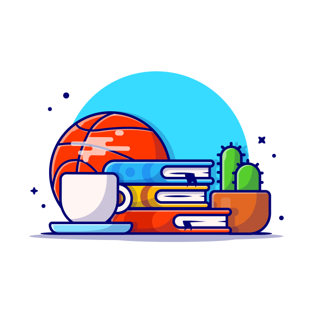 Reading with Basket Ball, Coffee, Cactus, and Books Cartoon Vector Icon Illustration by Catalyst Labs