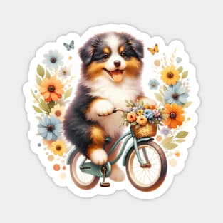 Cute Australian Shepherd Puppy Biking Magnet