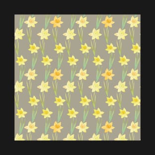 Yellow Watercolour Stemmed Daffodil Pattern on Khaki T-Shirt