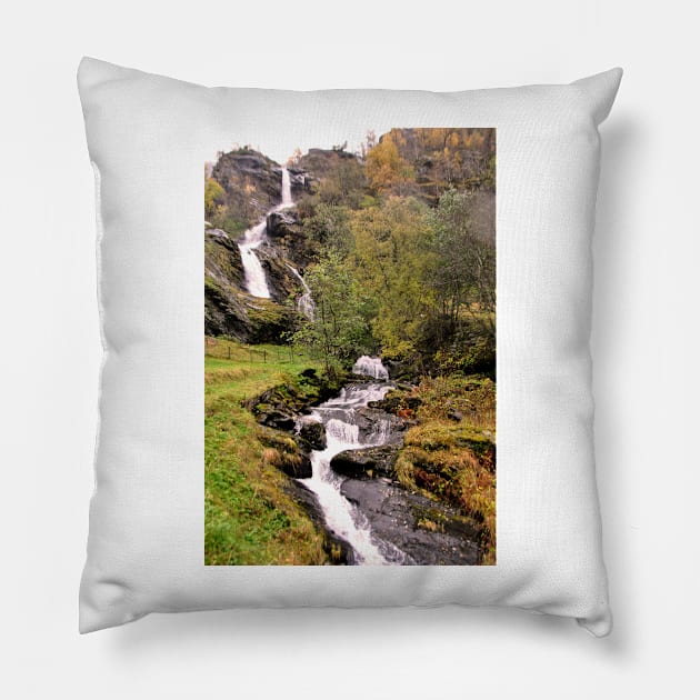 Waterfall Flamsdalen Valley Flam Norway Scandinavia Pillow by AndyEvansPhotos