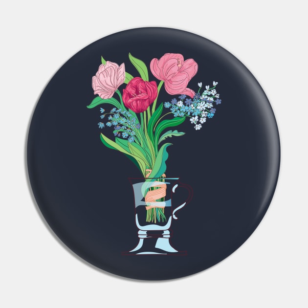 Three tulips and Spring flowers in a tea cup, glass jar Pin by IngaDesign