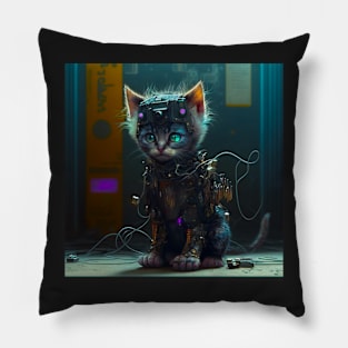 cute futuristic robot-cat cyberpunk kitten Pillow