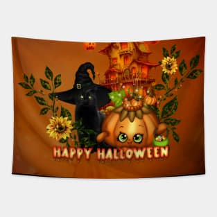 Happy halloween wish you the cute pumpkin and the black cat Tapestry