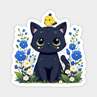 Black Cat With Yellow Bird in Flower Garden Magnet