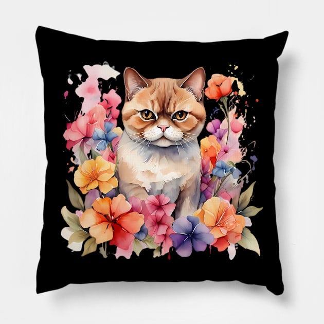 An exotic shorthair cat decorated with beautiful watercolor flowers Pillow by CreativeSparkzz