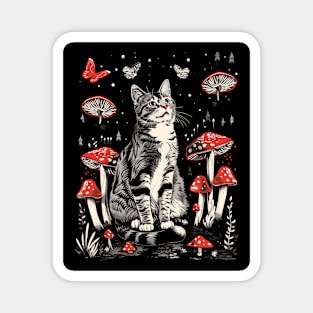 Retro Woodland Cute mushroom Cat Red Floral Garden Kitten Magnet