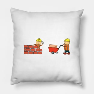 Kids drawing vector Illustration of construction workers building a brick wall and pushing wheelbarrow Pillow