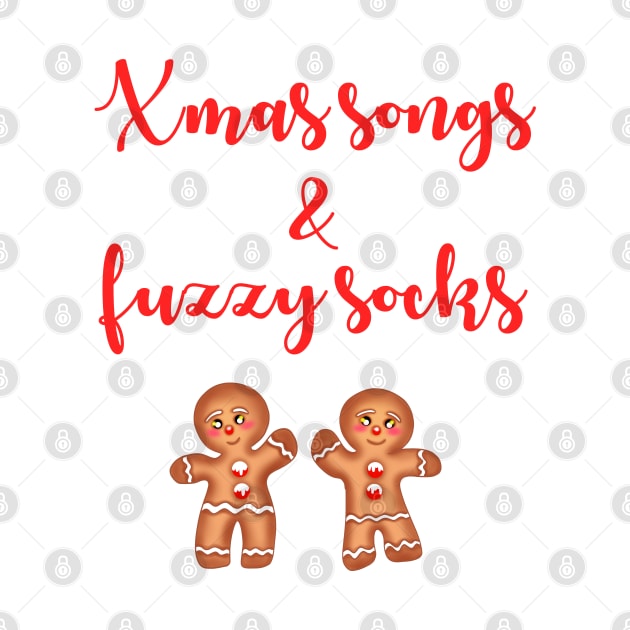 Christmas songs and fuzzy socks. Funny Xmas quote. Sweet delicious yummy gingerbread men with red buttons. Warm and cozy winter time. Baby, it's cold outside. Hello December. by BlaiseDesign