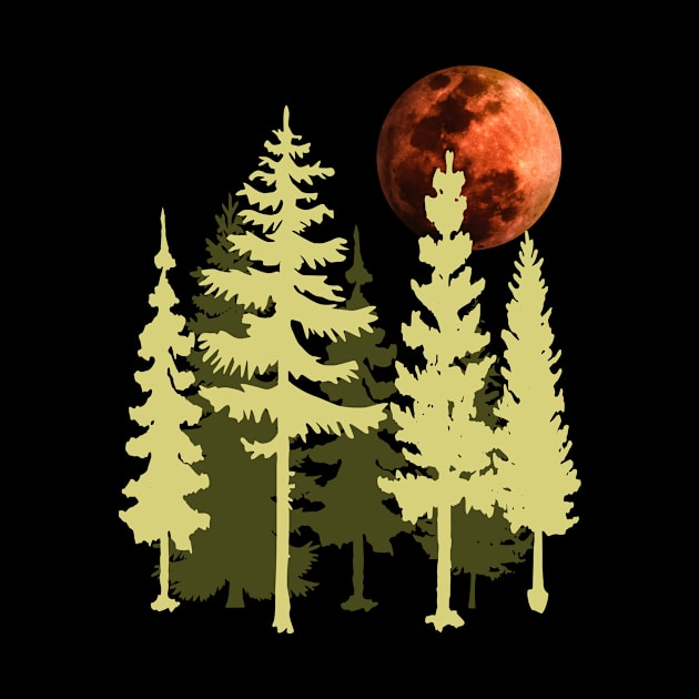 Vintage Conifers Landscape and Red Full Moon by PallKris