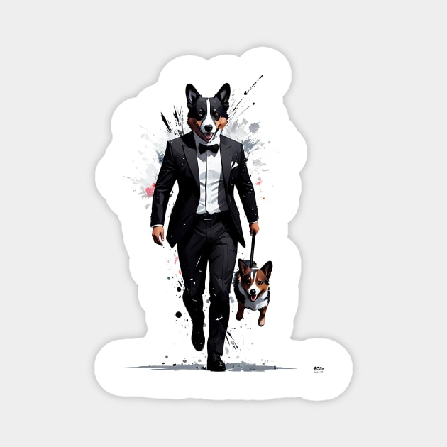 Dapper Corgi Secret Agent Carrying a Comrade in Tuxedo Magnet by fur-niche