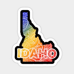 Colorful mandala art map of Idaho with text in blue, yellow, and red Magnet