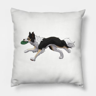 Running Tricolor Border Collie with Frisbee Pillow