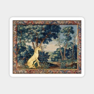 UNICORN IN WOODLAND LANDSCAPE AMONG GREENERY AND TREES Magnet