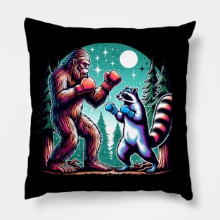 Bigfoot and Racoon Boxing, Funny Woodland Creature Sci-Fi Pillow