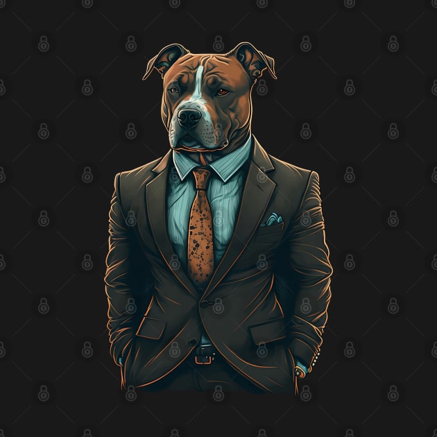 Suave and Successful: The Brown and White Pitbull in a Tailored Dark Suit - A Unique Marketing Design for the Modern Business Dog by Reneromt