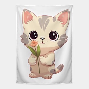 Cute Kitten with Flower Illustration Tapestry