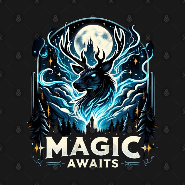 Magic Awaits - Mystical Stag by the Full Moon by Fenay-Designs