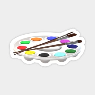 Round Artist Palette with Paints and Paint Brushes (White Background) Magnet