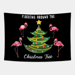 Flamingo Flocking Around Christmas Tree Tapestry