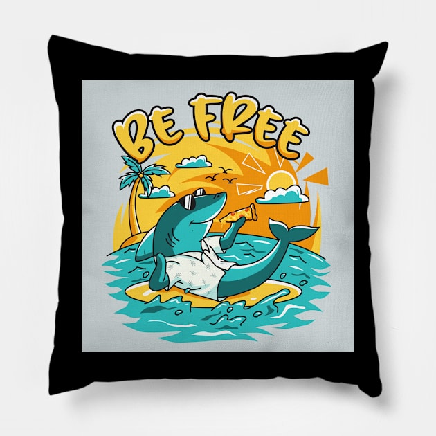 chilling-shark-character-eat-pizza-summer-beach Pillow by drydenshops