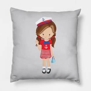 Boat Captain, Skipper, Brown Hair, Cute Girl Pillow