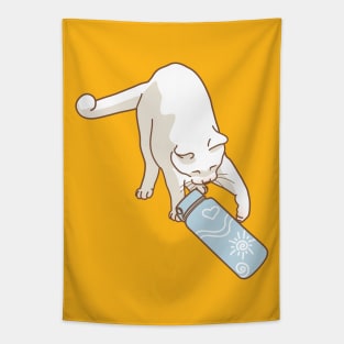 White cat knocking blue water bottle Tapestry