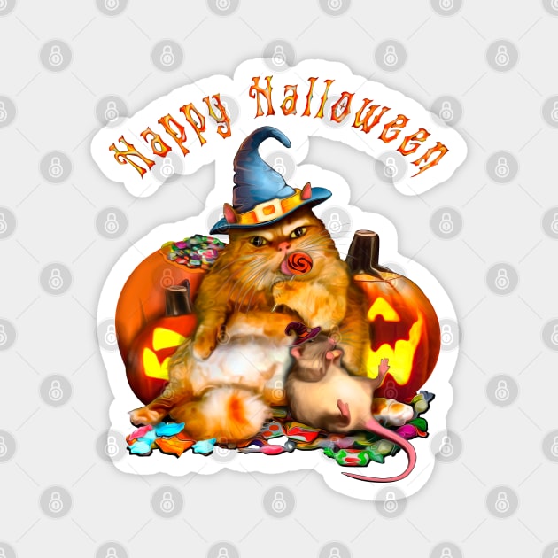 Happy Halloween Cat and Rat are eating sweets among pumpkins Magnet by SafSafStore