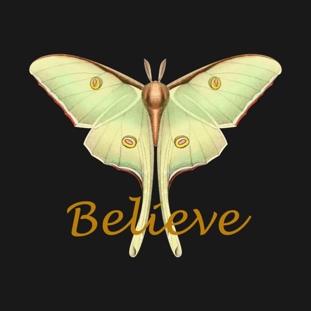 Luminous Vintage Pale Green Luna Moth with Believe Text by SeaChangeDesign