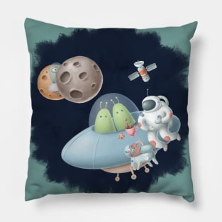 Open space with astronauts and aliens. Pillow