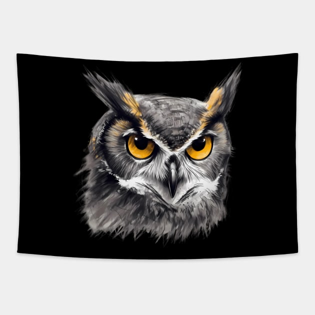 Enigmatic Wisdom: Grey and Yellow Owl Tapestry by Katia Galante Art