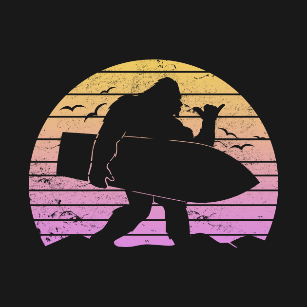 Surfer Bigfoot Retro Sun & Sasquatch With Surfboard Bigfoot Surfing