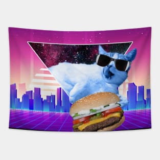 Aesthetic Synthwave Cat Burger Tapestry