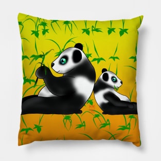 Two pandas eating bamboo on a yellow background Pillow